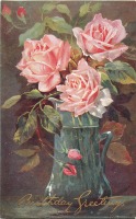 Ретро открытки - И. Аммонд. Розовые розы в стеклянном кувшине
