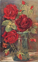 Ретро открытки - И. Аммонд. Красные розы в стеклянной вазе. Художник-флорист