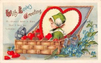 Ретро открытки - Послание любви. Портрет девочки в корзине с сердечками и незабудки