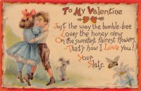 Ретро открытки - Моей Валентине. Романтический поцелуй, собака и пчела