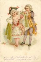 Ретро открытки - Галантный кавалер. Девочка в бархатной накидке и мальчик в камзоле
