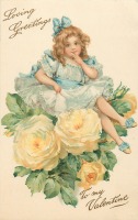 Ретро открытки - Моему Валентину. Девушка в голубом платье и жёлтые розы