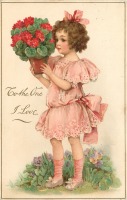Ретро открытки - Любимому. Девочка с красной геранью в цветочном горшке