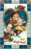 Ретро открытки - Моей Валентине. Голландские дети, розы и золотое сердце