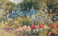 Ретро открытки - Цветущая клумба в сельском саду