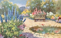 Ретро открытки - Голубые, розовые и белые цветы у садового пруда