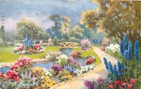 Ретро открытки - Ручей и клумбы в ярком английском саду