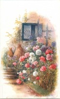 Ретро открытки - Розовые пионы перед открытым окном