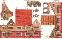 Ретро открытки - Модель коттеджа. Дом с красной крышей, топиарными элементами и цветы в горшках