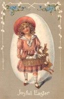Ретро открытки - Счастливой Пасхи. Девочка и корзина с кроликами