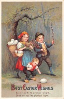 Ретро открытки - Счастливой Пасхи. Дети, корзина яиц и весенний лес