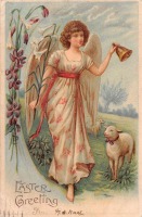 Ретро открытки - Пасхальные поздравления. Ангел, ягнёнок и весенние цветы