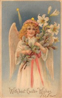 Ретро открытки - Счастливой Пасхи. Ангел, ветки вербы и белые лилии