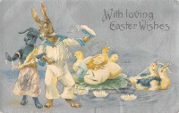 Ретро открытки - Счастливой Пасхи. Два кролика и спасение цыплят на озере