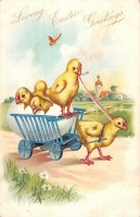 Ретро открытки - Счастливой Пасхи. Цыплята и яйцо в игрушечной коляске