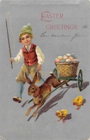 Ретро открытки - Счастливой Пасхи. Мальчик и кролик с коляской