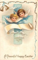 Ретро открытки - Мирной Пасхи. Ангелы, пасхальный крест и колокола