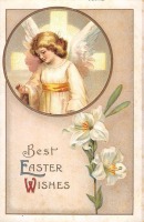 Ретро открытки - Счастливой Пасхи. Ангел, пасхальный крест и белые лилии