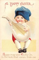 Ретро открытки - Счастливой Пасхи. Малыш в синей шапке с гитарой