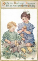 Ретро открытки - Дети, жёлтые одуванчики и цыплята в шляпе