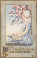 Ретро открытки - Девушка в голубом платье, книга и яблоневый цвет