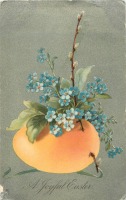 Ретро открытки - Оранжевое пасхальное яйцо, незабудки и верба