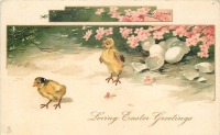 Ретро открытки - Цыплята и весенние розовые цветы
