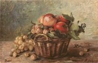 Ретро открытки - А. Гизлер. Виноград, яблоки и орехи в плетёной корзине