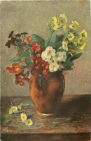 Ретро открытки - А. Гизлер. Красные и жёлтые примулы в коричневой вазе