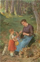Ретро открытки - Женщина, дети и корзины грибов