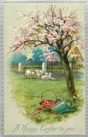 Ретро открытки - Счастливой Пасхи. Четыре овечки и весеннее цветение
