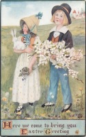 Ретро открытки - Дети, пасхальный кролик и белые цветы