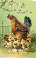 Ретро открытки - Курица с цыплятами, керамическая миска и яблоневый цвет
