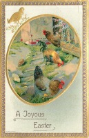 Ретро открытки - Пасхальные подарки. Куры, петух и цыплята в сельском пейзаже