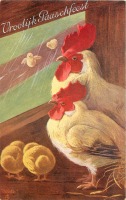 Ретро открытки - Куры в курятнике и цыплята под дождём