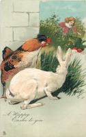 Ретро открытки - Кролик, курица и  мальчик с пасхальным подароком