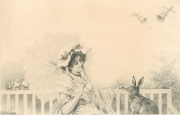 Ретро открытки - Девушка под зонтом и кролик