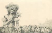 Ретро открытки - Девушка с ветвой вербы и овечки