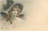 Ретро открытки - Как Мария Антуанетта. Девушка в голубой шляпе с лентой