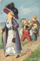 Ретро открытки - Дама в голубом пальто и малолетние хулиганы