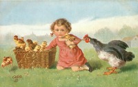 Ретро открытки - Девочка в красном платье и курица с цыплятами