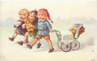 Ретро открытки - Дети и цыплёнок в коляске