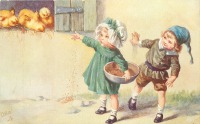 Ретро открытки - Дети, зерно в миске и цыплята на подоконнике
