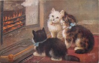 Ретро открытки - Дом, милый дом. Три котёнка перед камином