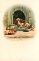 Ретро открытки - Крепкий сон. Собака в будке и цыплята в миске