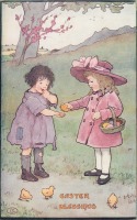 Ретро открытки - Две девочки, пасхальная корзина и цыплята