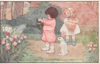 Ретро открытки - Маленькие помощники. Дети, кролики и тюльпаны в саду