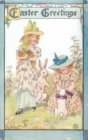 Ретро открытки - Девочки с утятами и двумя кроликами