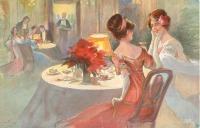Ретро открытки - Две дамы в вечерних платьях за столиком в ресторане