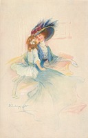 Ретро открытки - Женщина в голубом платье и шляпе с перьями